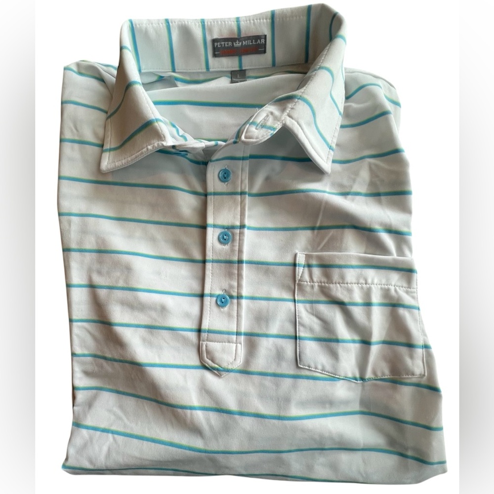 Peter Millar Summer Comfort Polo Shirt Mens Large White w/ Blue & Green Stripes